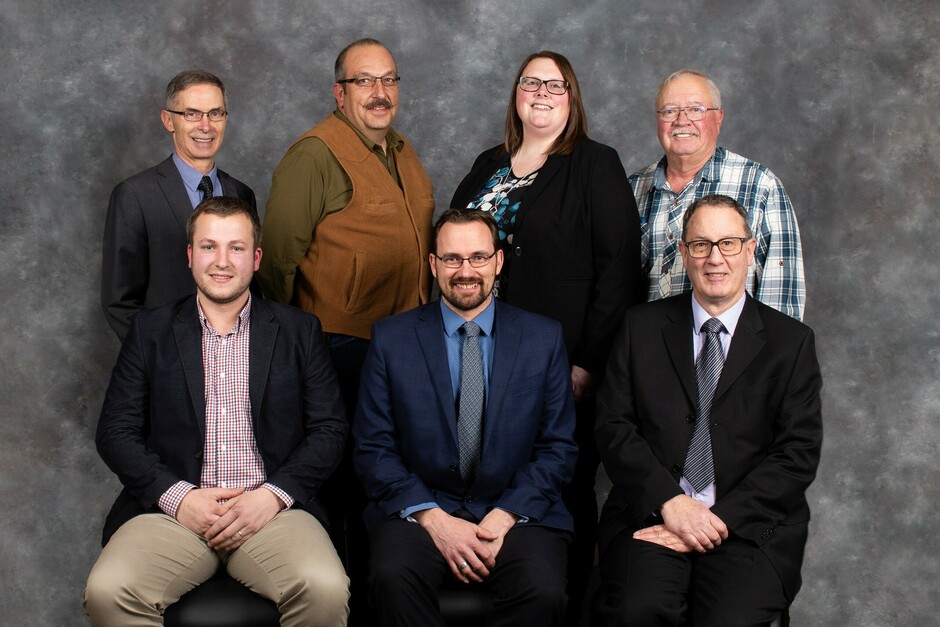 Back Row (Left to Right): Councillors David Orr, Werner Dressler, Kristi Edwards, and Gord Wolstenholme. Front Row (Left to Right): Councillor Marco Van Huigenbos, Mayor Brent Feyter, and Councillor Jim Monteith.